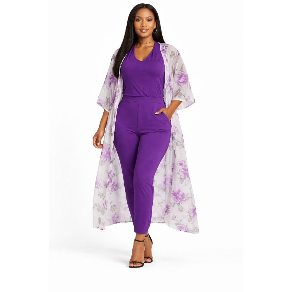 Purple Sleeveless Jumpsuit with Floral Kimono Overlay